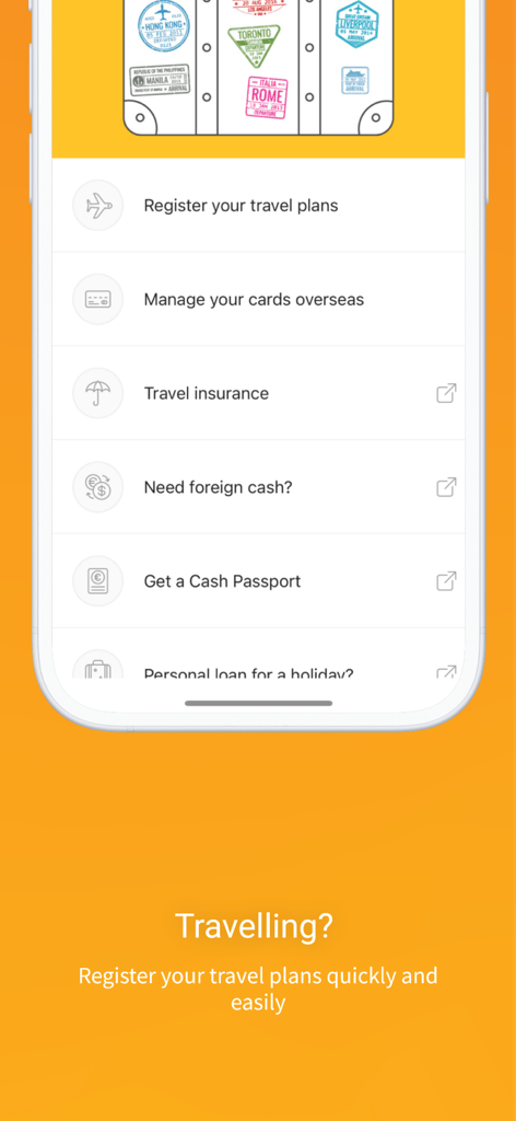 Queensland Country Banking - Queensland Country Banking app travel services menu showing options for travel insurance and managing cards overseas