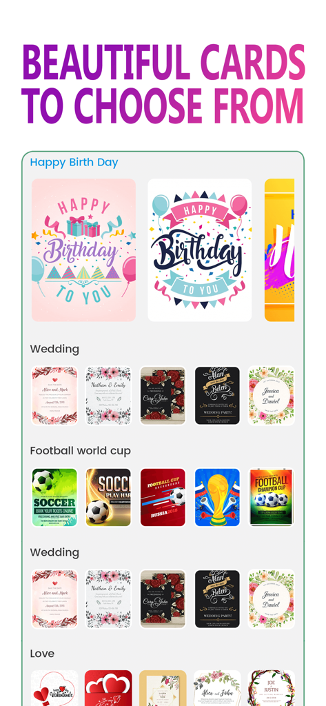 Uma coleção de modelos de cartões digitais para aniversários, casamentos e eventos esportivos.