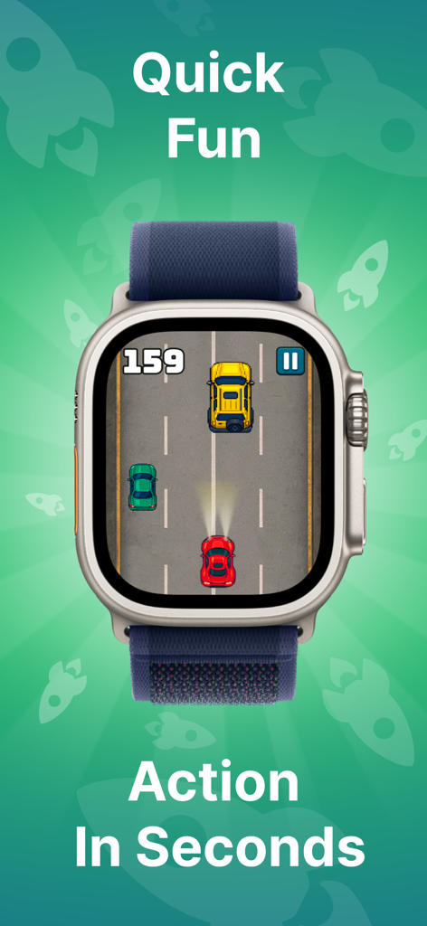 Top down car racing mini game on an Apple Watch screen with quick fun text