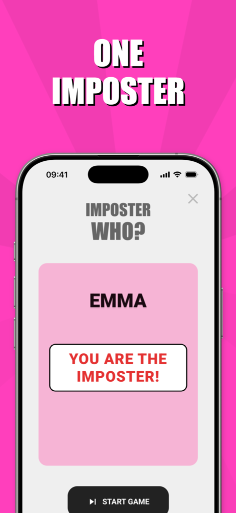 Imposter Who単語ゲームのスクリーンショット。エマというプレイヤーがスマートフォンでインポスター（偽物）の役割に割り当てられているのを示している。