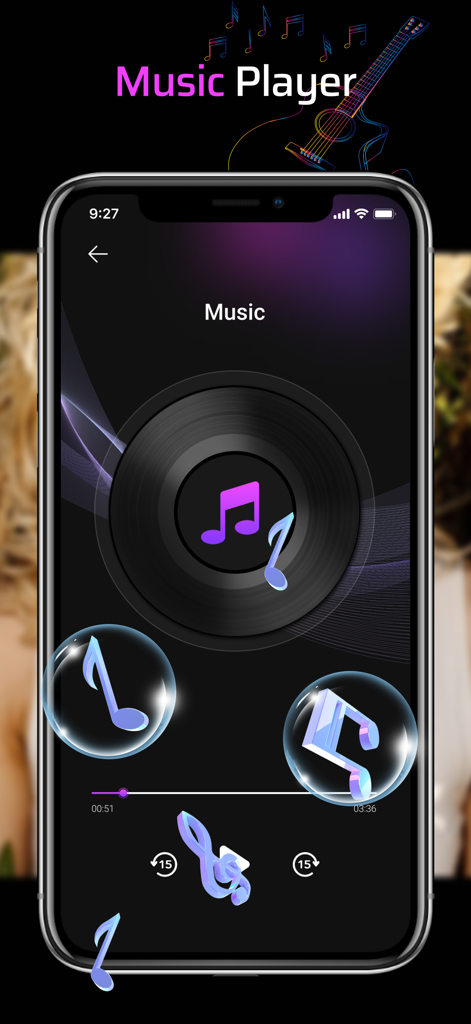 Tiger Video-Video&Music Player - Interfaccia del lettore musicale dell'app Tiger Video con un'icona di disco in vinile e note musicali fluttuanti su uno sfondo scuro