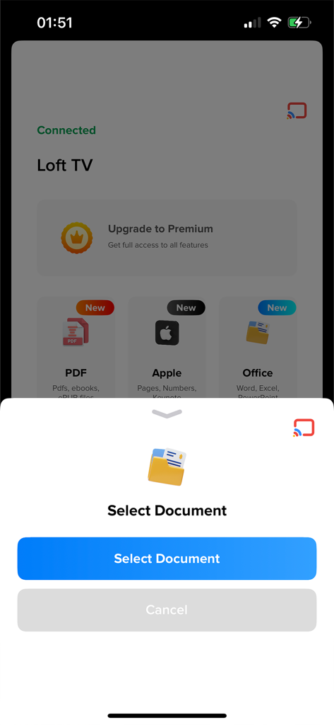 iPhone-Bildschirm mit Optionen zur Dokumentenauswahl zum Übertragen von PDF- und Office-Dateien auf einen Google Chromecast TV.