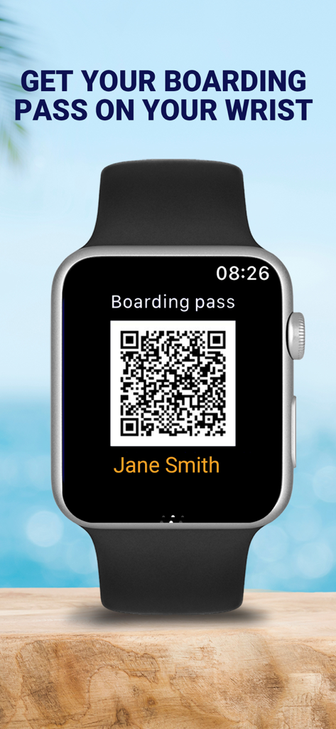 South African Airways - A digital boarding pass with a QR code for Jane Smith displayed on an Apple Watch face.