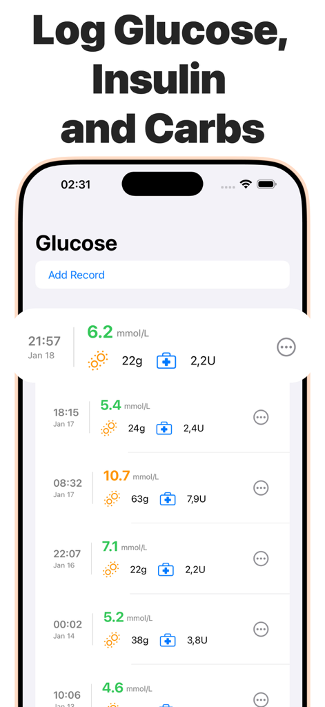 Blood Sugar Monitor & Glucose - Oberfläche der GlucoseGuard-App, die eine Liste von protokollierten Blutzuckerwerten, Insulindosen und Kohlenhydrataufnahme zeigt