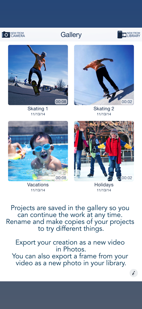 Vista galleria dell'editor video Videocraft con miniature di progetti di pattinaggio e vacanze