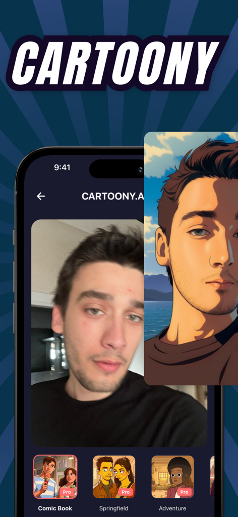 Cartoony: Anime Cartoon Maker - A photo of a man next to its AI generated anime cartoon version in the Cartoony app interface.