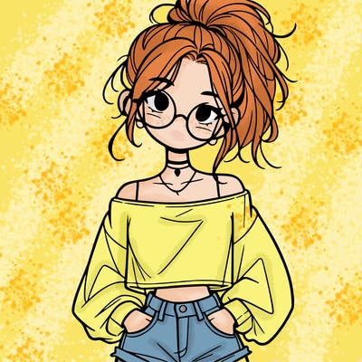 girl with a messy ponytail glasses a baggy crop top and jean shorts