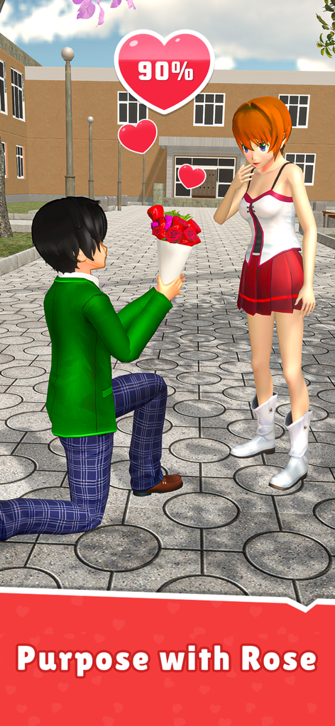 An anime boy kneeling and giving a bouquet of roses to a girl in a school courtyard