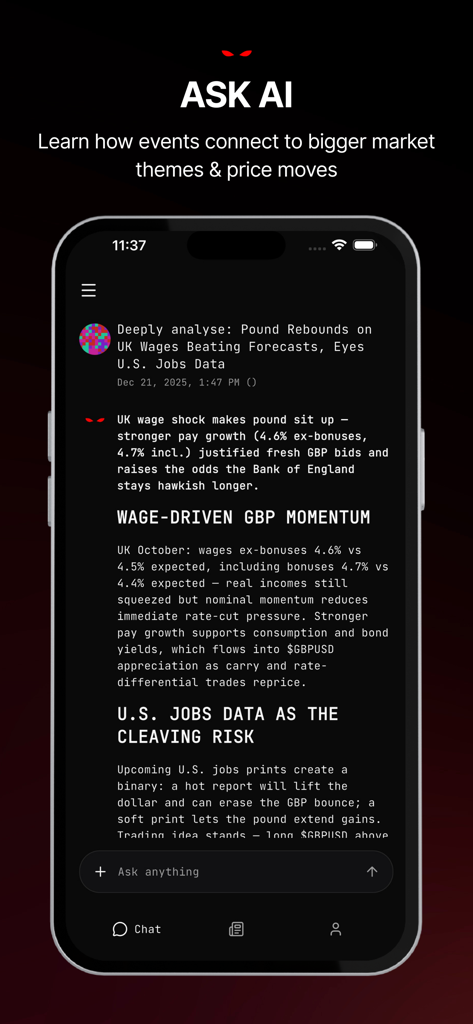 Neurobro: AI News & Markets - Pantalla de la aplicación Neurobro que demuestra la función Preguntar a IA para analizar noticias del mercado y tendencias financieras.