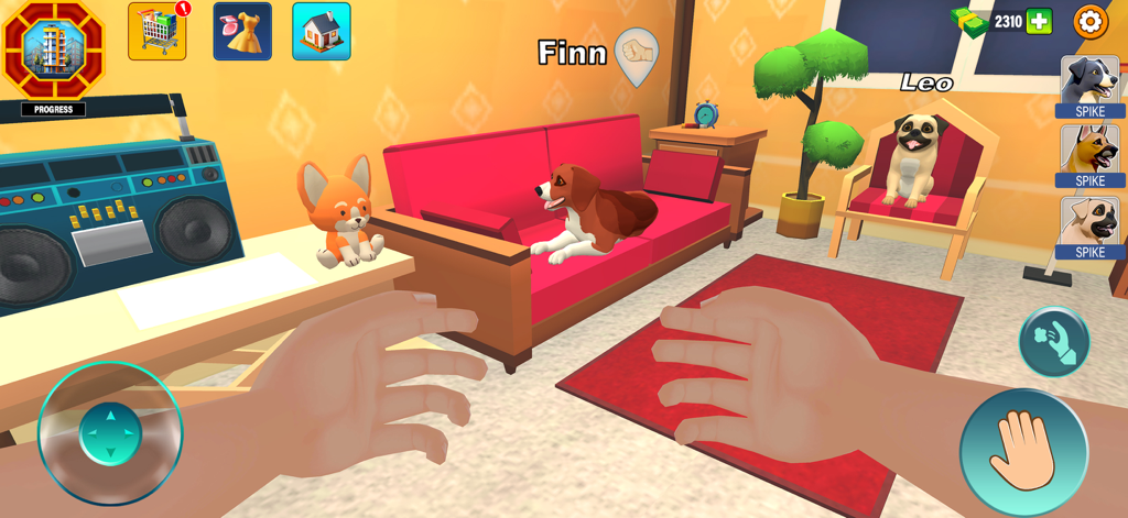 Virtual Dog Care Animal Games - First person view of two dogs in a cozy room within the pet rescue simulator game