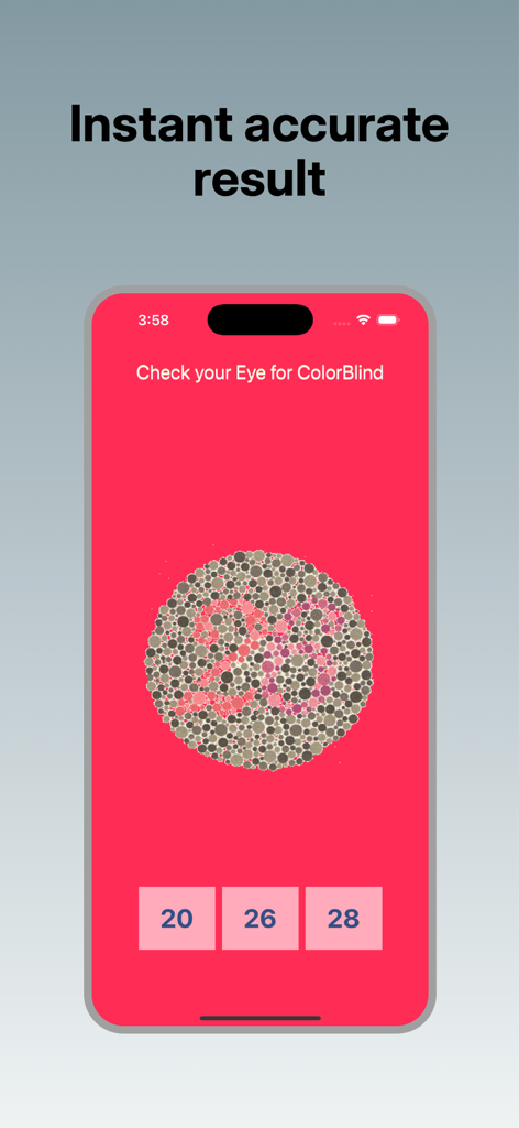 Check your Eye for ColorBlind - Captura de pantalla de iPhone de un test de daltonismo que muestra una lámina Ishihara y opciones de números
