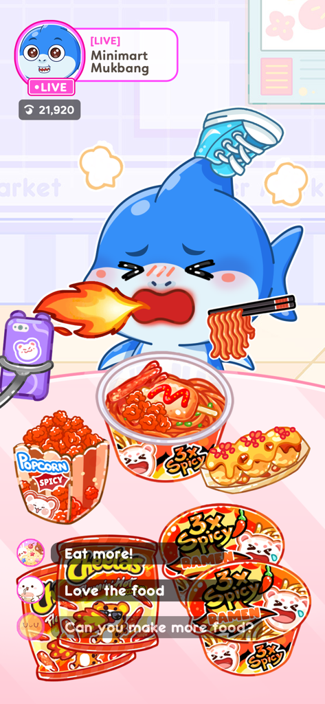 파란색 상어 캐릭터가 매운 라면을 먹으며 불을 뿜는 먹방 라이브스트림을 하고 있는 모습