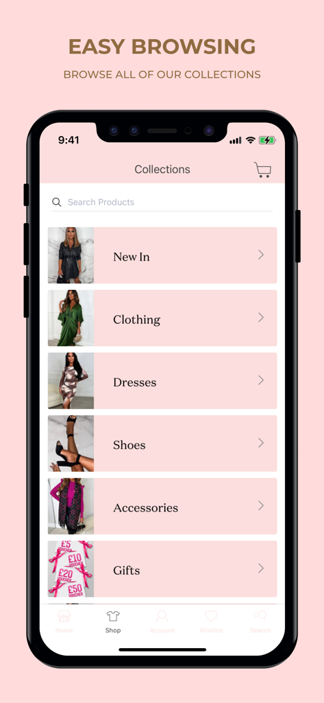 Pink Boutique - Pink Boutique app collections screen showing shopping categories for clothing dresses and shoes