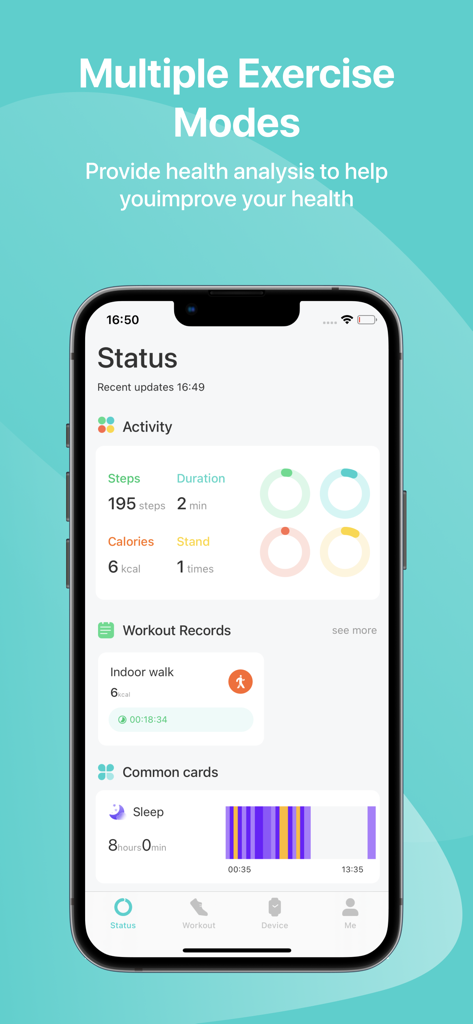 Pantalla de estado de la aplicación Halo-Fit que muestra los anillos de actividad, registros de entrenamiento y análisis del sueño