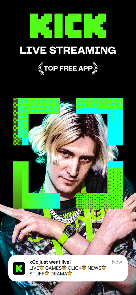 Kick Live-Streaming-App-Bildschirm, der die Auszeichnung "Top Free App" und eine Benachrichtigung zeigt, dass der Streamer xQc live ist