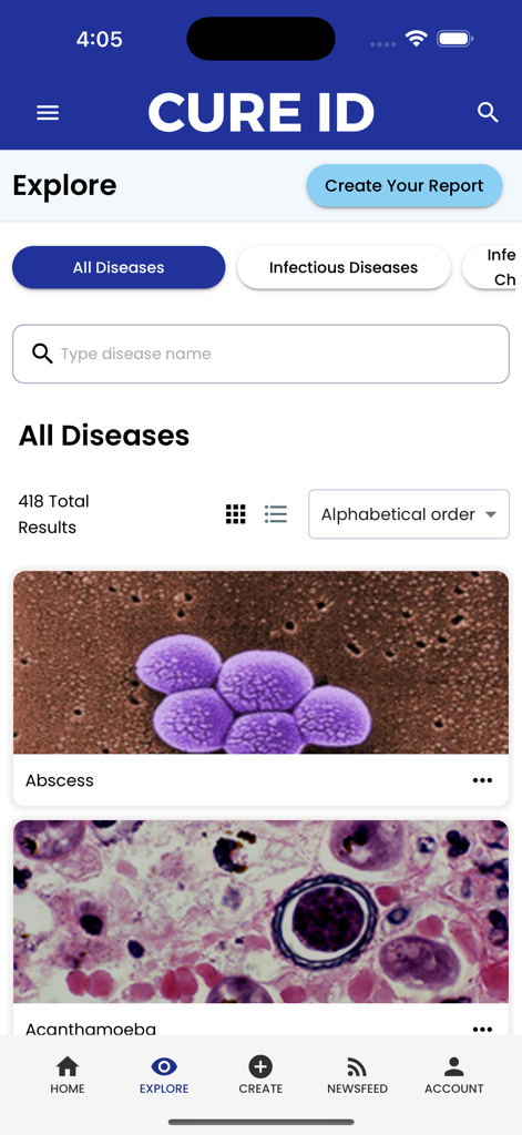 CURE ID - Explore screen of the CURE ID app showing a searchable list of medical diseases with reference images.