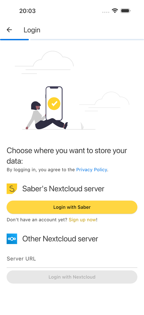 Saber: Handwritten Notes - Login screen of Saber app showing cloud storage options for Saber Nextcloud server or a custom server.
