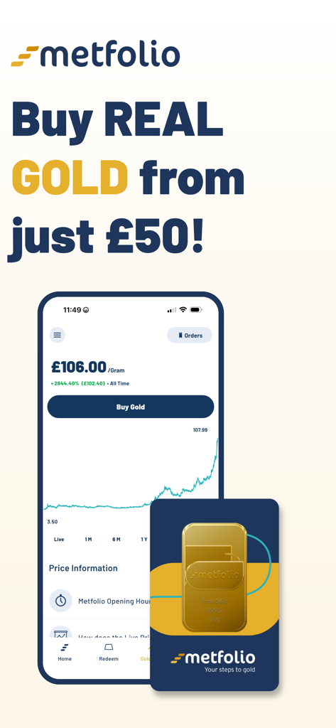 Metfolio: Buy Real Gold - Metfolio mobile app screen showing physical gold investment and real time price tracking