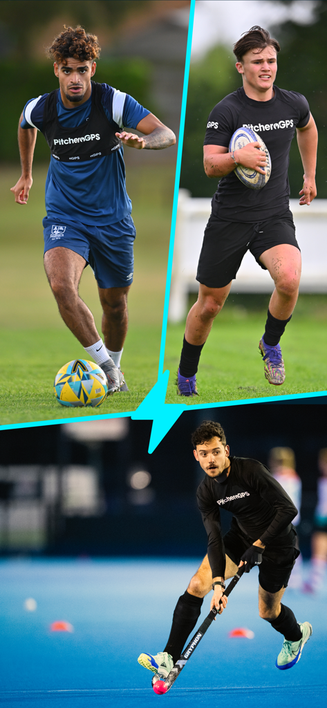 PitcheroGPS - Atletas masculinos jogando futebol, rugby e hóquei em campo enquanto usam rastreadores de desempenho vestíveis PitcheroGPS.