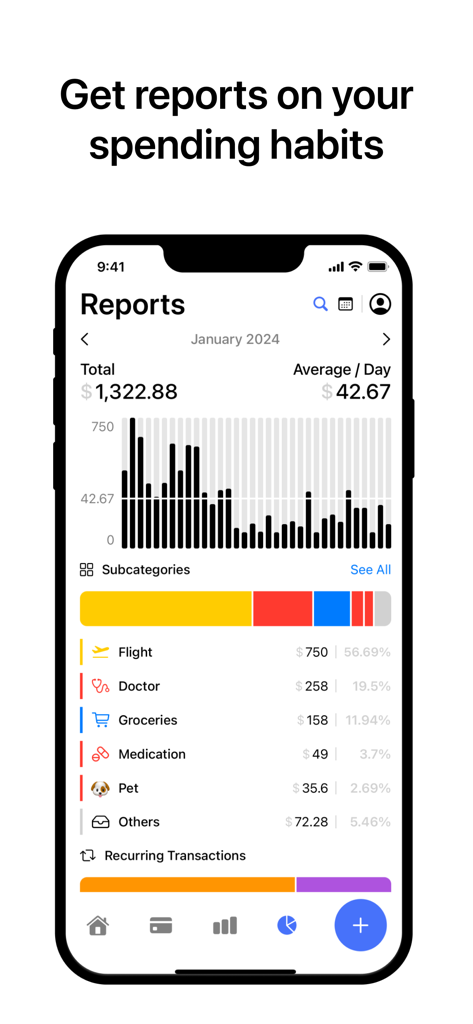 Simple‎ - Captura de pantalla de una aplicación móvil que muestra hábitos de gasto e informes de gastos mensuales