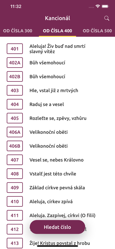 Screenshot of the Kancional app displaying a list of Czech Catholic hymns by number