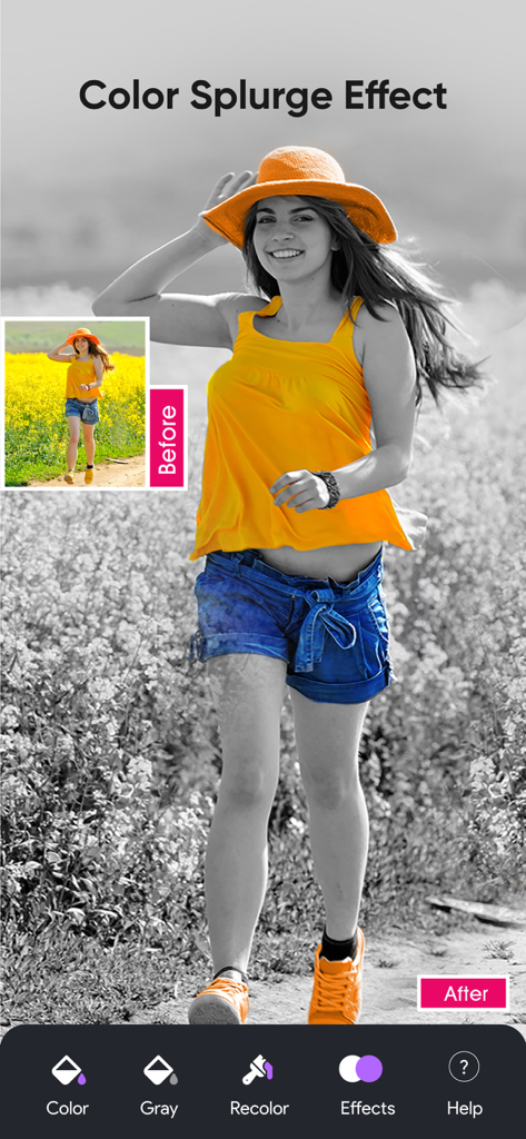 Change color of photos Auto - A woman in a yellow shirt stands out against a grayscale background using the Color Splurge selective coloring effect.