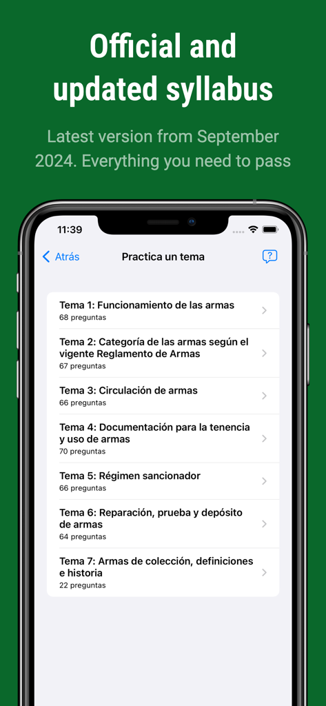 Licencia de Armas - España - Pantalla de teléfono inteligente que muestra temas de estudio oficiales para el examen de licencia de armas de fuego española.