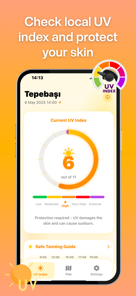Sundex app screen showing a high UV index of six with skin protection recommendations