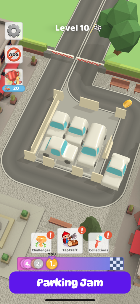 Parking Jam 3D mobile game screenshot showing a car parking puzzle at level 10