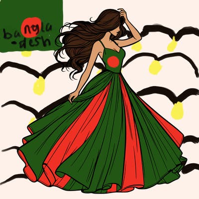 realistic woman with dress flowing in the wind