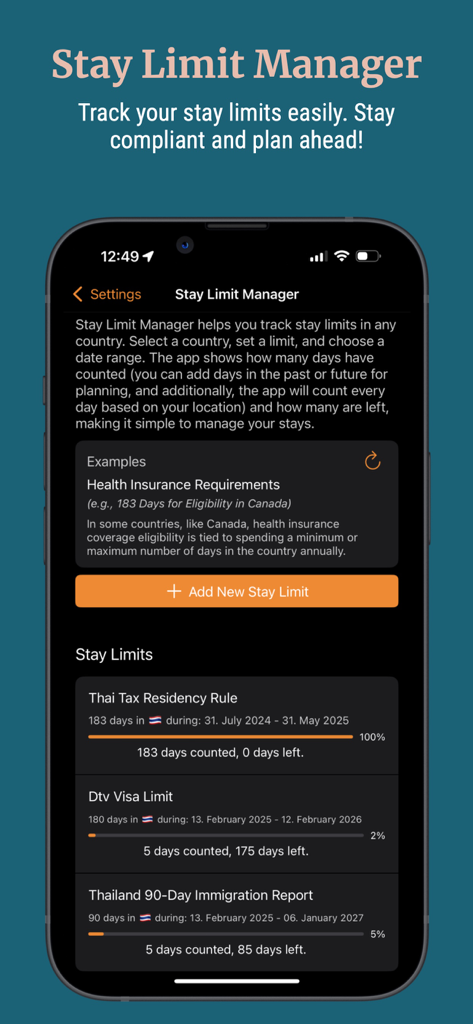 Stay Limit Manager screen showing progress bars for Thai tax residency and visa limits