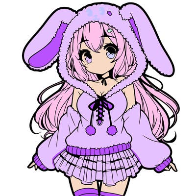 pretty anime girl wearing a fluffy hoodie with bunny ears on the hood and a skirt