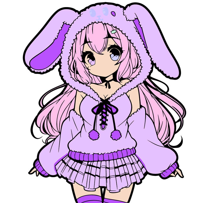 pretty anime girl wearing a fluffy hoodie with bunny ears on the hood and a skirt