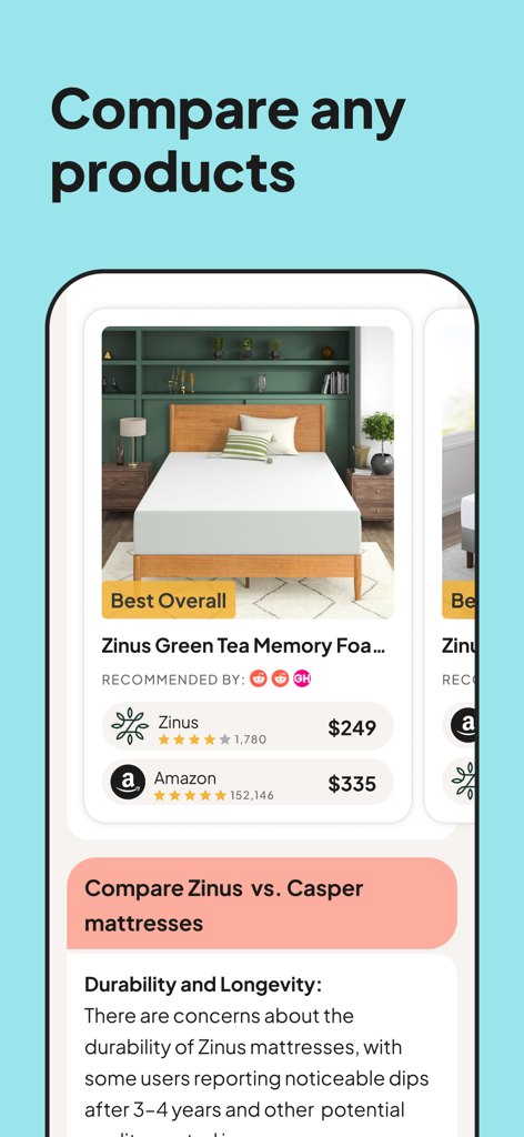 A screen from the Vetted AI app showing a comparison of mattress prices and expert reviews.