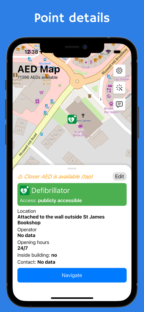 AED map - defibrillators - Mobile screenshot showing details and navigation for a public AED location.