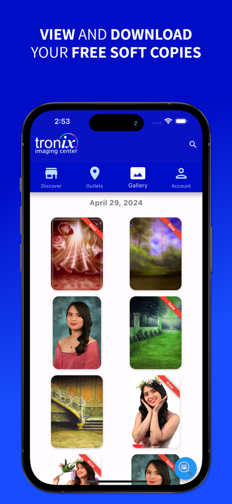 Pantalla de la galería de la App Tronix Imaging mostrando una colección de retratos profesionales y copias digitales disponibles para descargar.