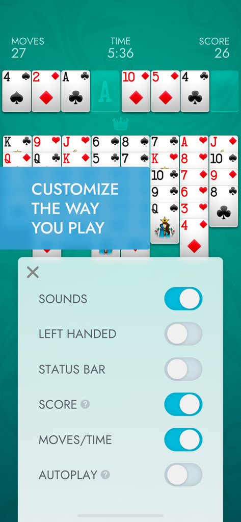 Menü der Einstellungen für FreeCell-Solitaire von Brainium, das Anpassungsoptionen für Ton, Linkshänder-Modus und Autoplay anzeigt.