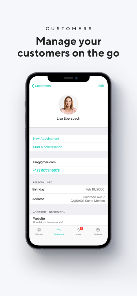 Shore Business - Shore Business mobile app interface showing a customer profile with contact information and management options.