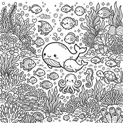 Explore an enchanting underwater world with this adorable Kawaii Ocean & Sea Life coloring page. Featuring friendly whales, playful fish, and a charming octopus amidst a vibrant coral reef, it's a delightful full scene ready for your creative touch.