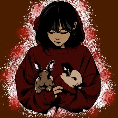 realistic girl with messy bunny baggy sweatshirt and holding bunnies