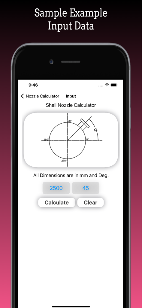 Pantalla de entrada de la calculadora de boquillas de camisa que muestra un diagrama técnico para marcar la orientación de la boquilla en un recipiente a presión