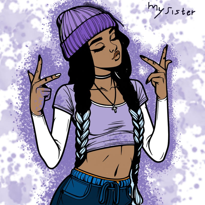 realistic teenage girl with braids and a beanie and crop top doing 🫶🏼