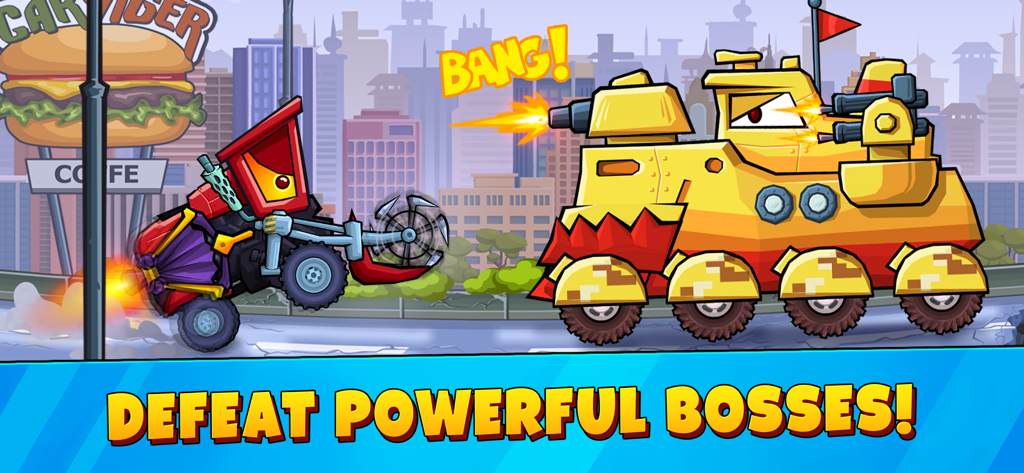 Car Eats Car 3 - Racing Cars - Jogabilidade de corrida de combate 2D mostrando um carro vermelho lutando contra um enorme chefe tanque amarelo em Car Eats Car 3