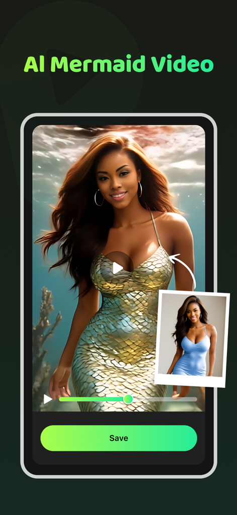 Pic Dance: AI Video Generator - User interface of Pic Dance app showcasing AI mermaid video generation from a static photo