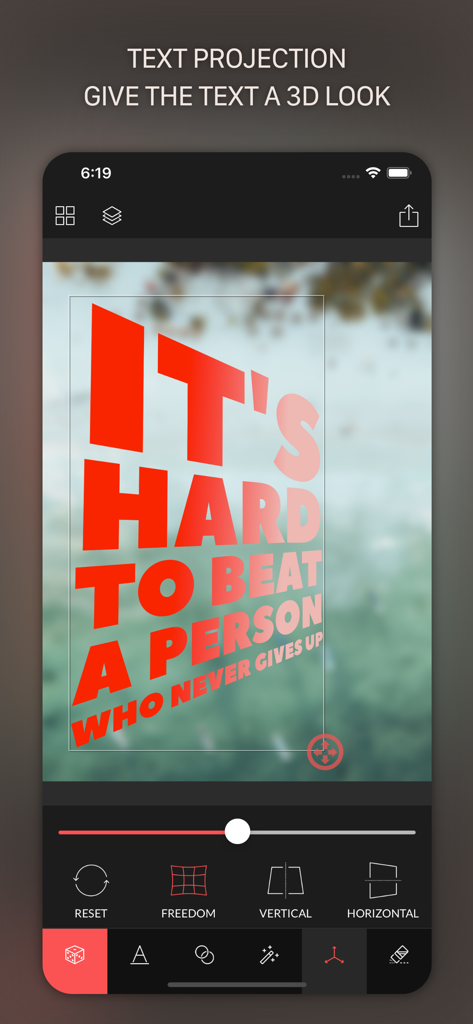 TypiMage-App-Oberfläche zeigt die 3D-Textprojektionsfunktion auf einem motivierenden Zitat