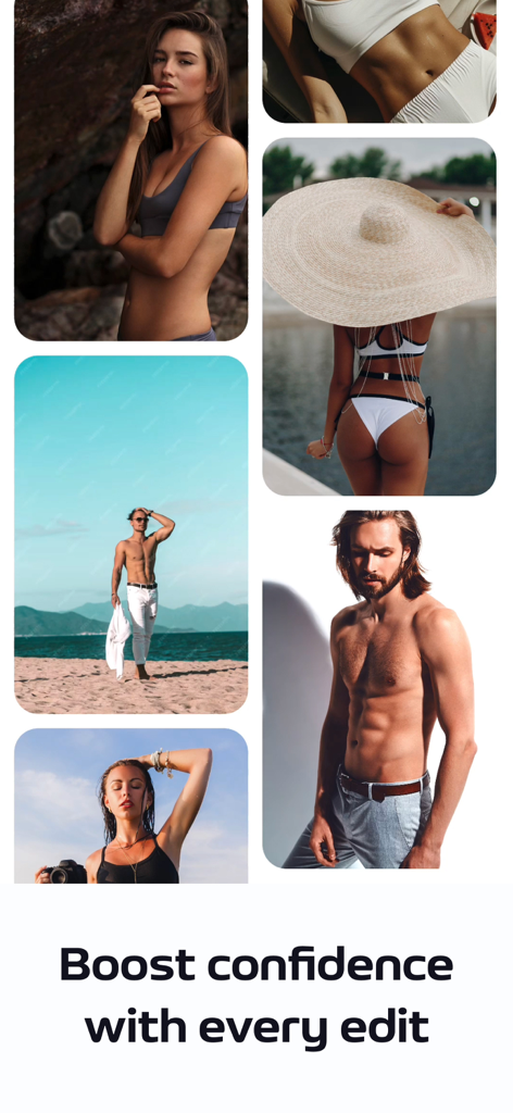 Body Editor: Retouch & Slim - A collage of fit men and women in various settings with the text Boost confidence with every edit