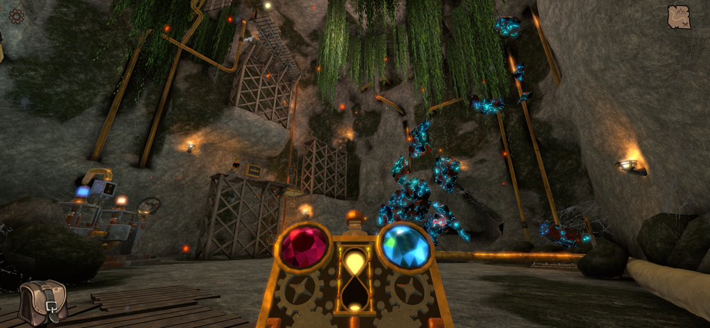 Legacy - Reawakening - A first person view of a mechanical puzzle device in a glowing underground cave with floating blue energy shards