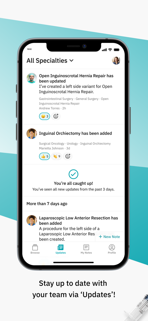 Interface of the Incision Assist app showing a feed of surgical procedure updates and team notifications.