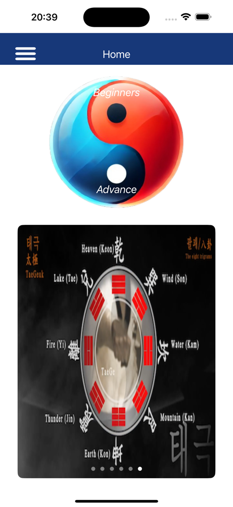 WTF Poomsae - WTF Poomsae app home screen showing beginner and advanced level selection and a Taekwondo trigrams diagram