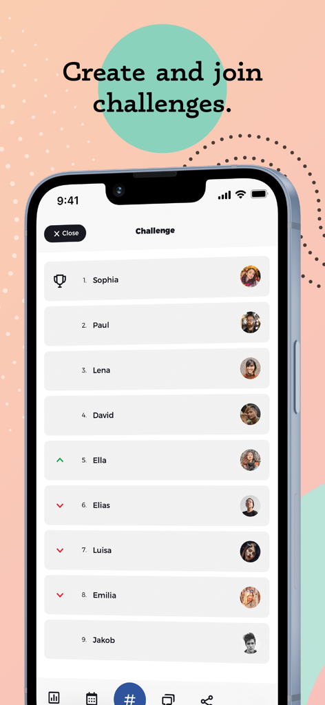 Habit Tracker by Goalify - A group challenge leaderboard in the Goalify app showing user rankings and profile pictures for social accountability.